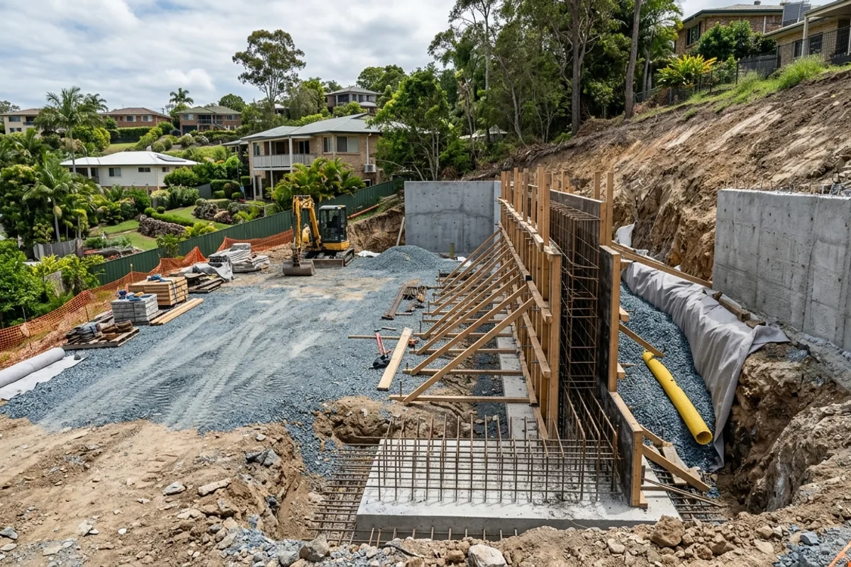 Engineered retaining wall footing and drainage preparation
