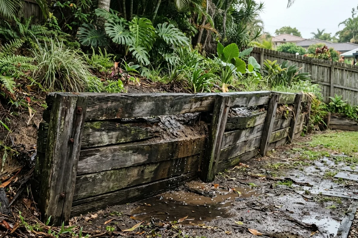 Older timber retaining wall showing movement and repair need
